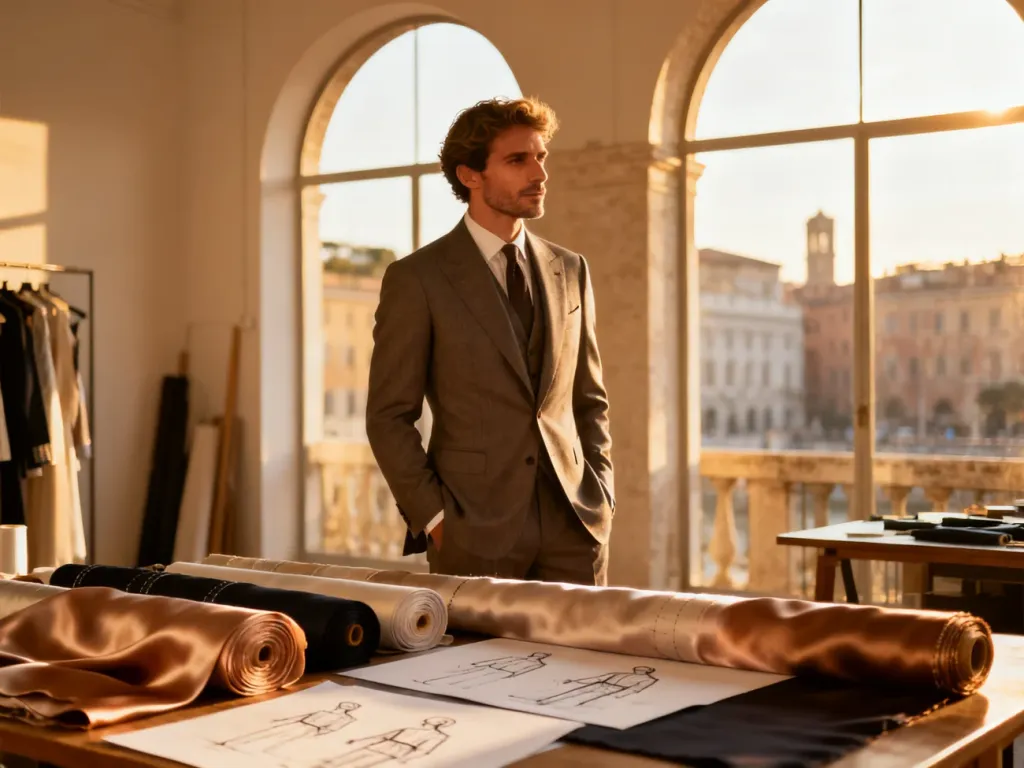 Gianni w swoim mediolańskim atelier, otoczony szkicami i luksusowymi tkaninami, w otoczeniu pełnym włoskiego stylu.