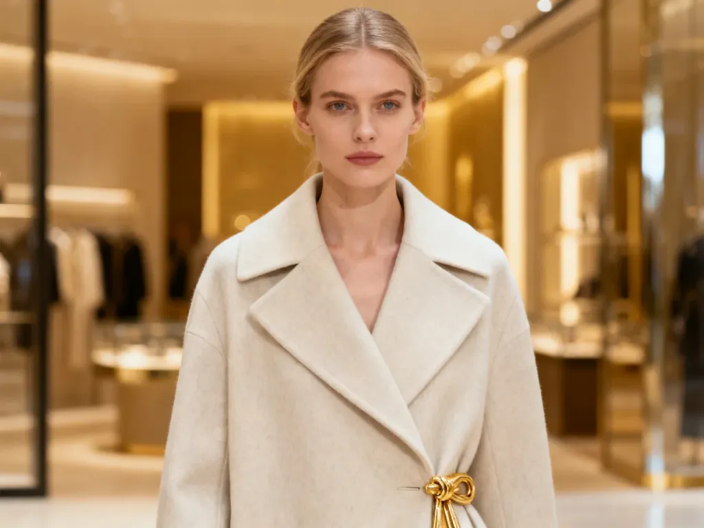 Elegancka kobieta w minimalistycznym płaszczu w luksusowym butiku, podkreślająca wysoką jakość polskiej mody premium.