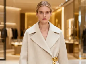 Elegancka kobieta w szmaragdowej sukience, prezentująca delikatną złotą biżuterię w wieczorowej scenerii.