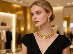 Młoda kobieta w eleganckiej sukience koktajlowej na tle nastrojowej sali balowej, idealna stylizacja na osiemnaste urodziny.