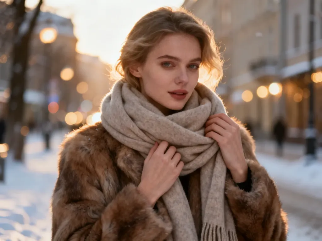 Stylowa kobieta w futrze i wełnianym szaliku na tle zimowego miasta, prezentująca elegancką stylizację na chłodne dni.