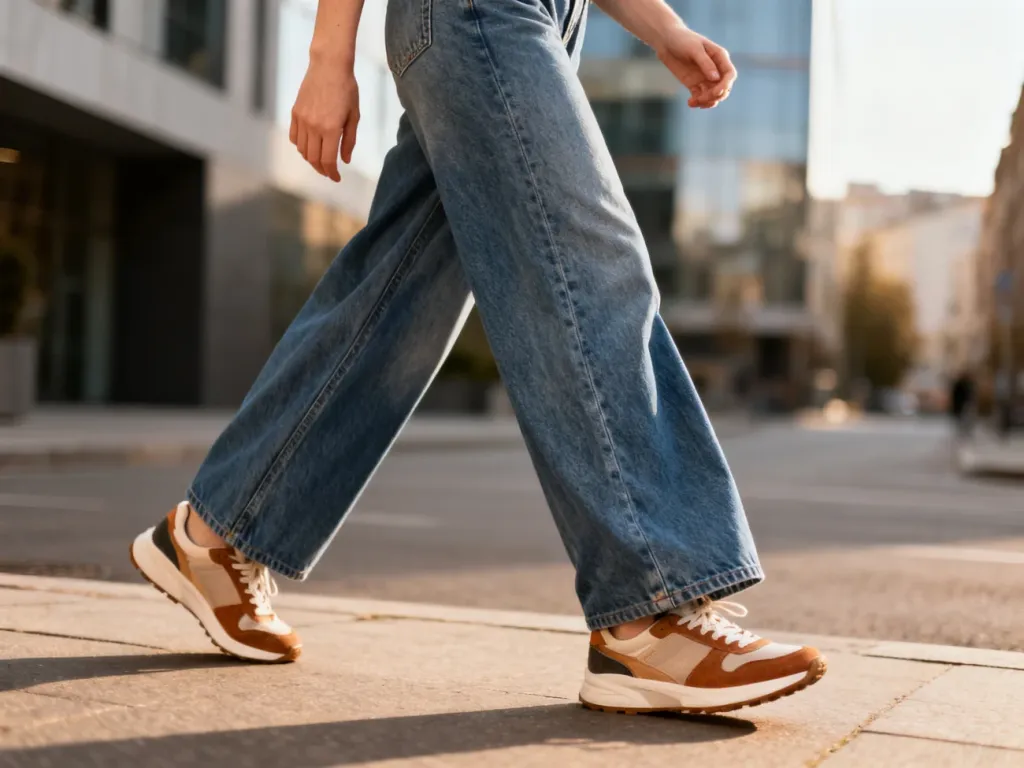 Stylowa kobieta w szerokich jeansach i modnych sneakersach spaceruje po miejskiej ulicy.