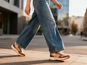 Kobieta w beżowym swetrze o kroju relaxed fit i luźnych spodniach, prezentująca swobodny i elegancki styl w jasnym wnętrzu.