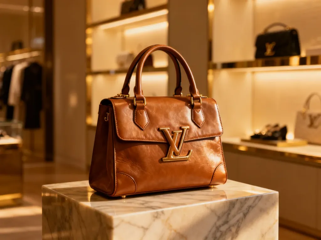 Luksusowa torebka Louis Vuitton wyeksponowana na marmurowym postumencie w eleganckim wnętrzu butiku.