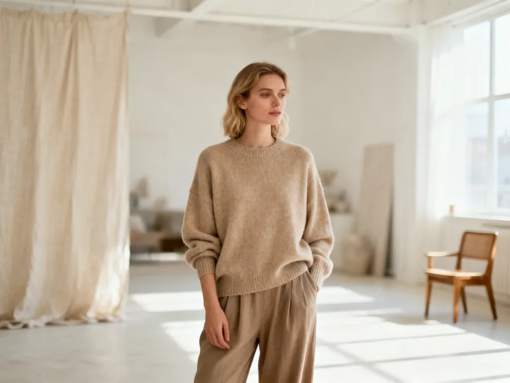 Kobieta w beżowym swetrze o kroju relaxed fit i luźnych spodniach, prezentująca swobodny i elegancki styl w jasnym wnętrzu.