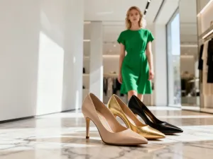 Elegancka kobieta w szmaragdowej sukience poprawia złoty naszyjnik, prezentując idealne połączenie biżuterii z kreacją.