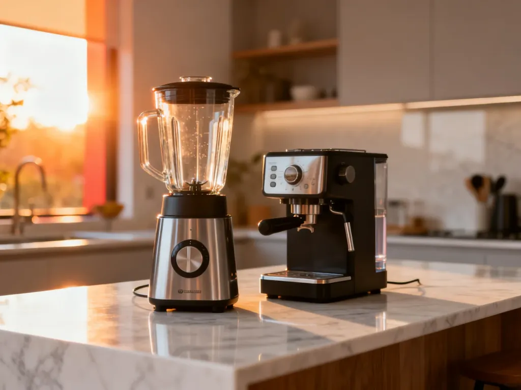 Nowoczesne urządzenia kuchenne marki MPM, takie jak blender i ekspres do kawy, ustawione na marmurowym blacie w kuchni.