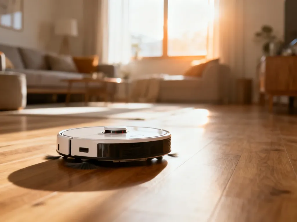 Nowoczesny robot sprzątający Dreame poruszający się po minimalistycznym salonie z drewnianą podłogą.