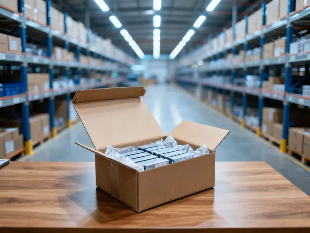 Otwarte pudełko wysyłkowe z produktami na stole w nowoczesnym centrum logistycznym, gotowe do wysyłki do klienta.