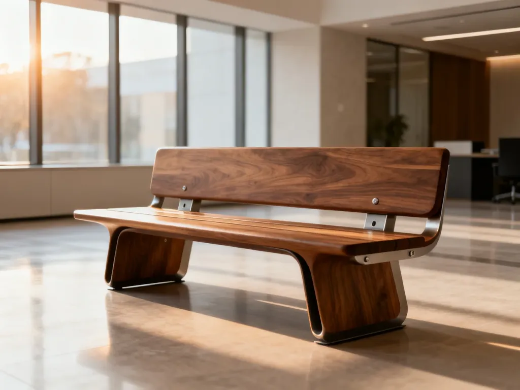 Nowoczesna, drewniana ławka o ergonomicznym designie w minimalistycznym lobby biurowym.