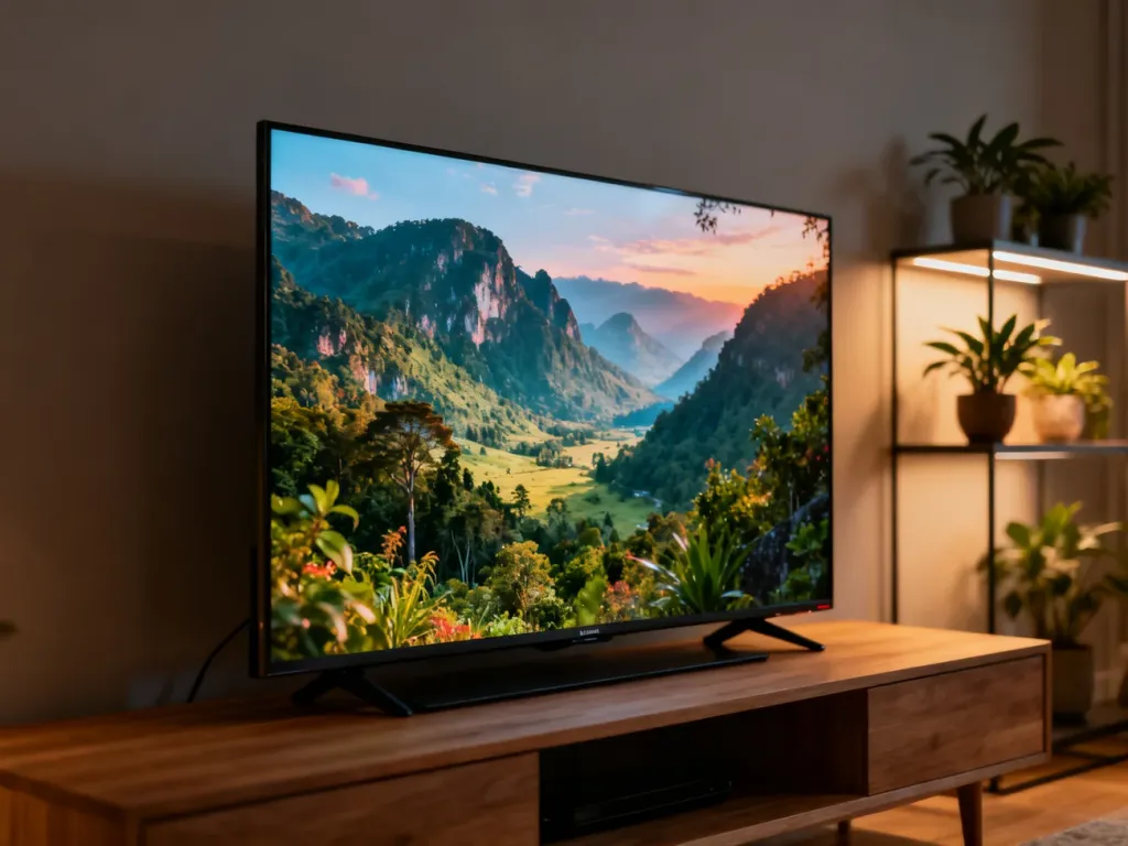 Nowoczesny salon z dużym telewizorem 4K marki Hisense, wyświetlającym wysokiej jakości krajobraz przyrody.