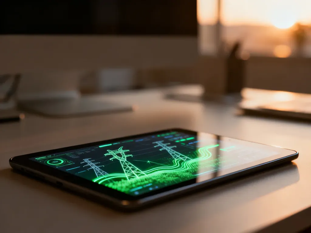 Nowoczesne biuro firmy technologicznej z tabletem wyświetlającym wizualizację sieci energetycznej i zielonej energii.