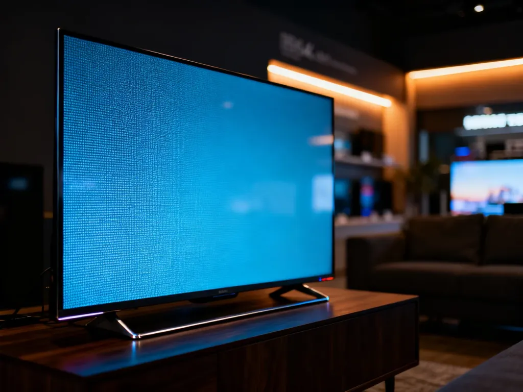 Nowoczesny telewizor TCL 4K z wyraźnym obrazem w minimalistycznym salonie oświetlonym nastrojowym światłem LED.