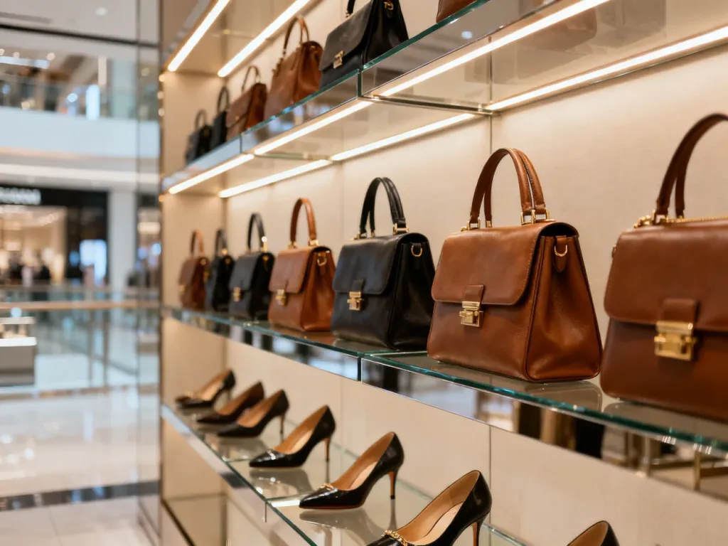Eleganckie wnętrze sklepu Nine West z wyeksponowanymi na szklanych półkach torebkami i butami na obcasie.