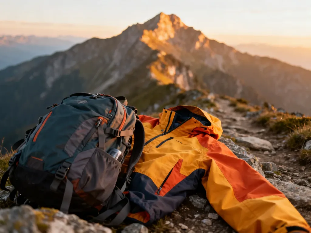 Profesjonalna odzież outdoorowa i plecak turystyczny na górskim szlaku w świetle zachodzącego słońca.